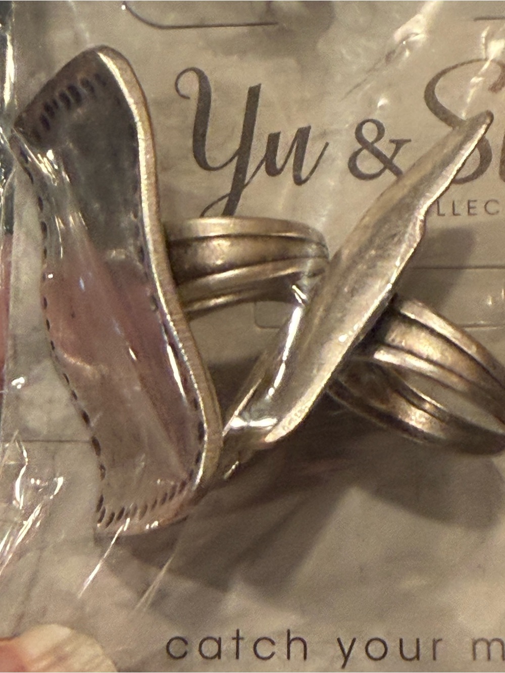 Handcrafted Silver-Tone Women's Statement Rings- Textured Rectangular Design - Picture 2 of 4